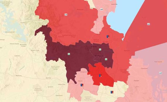 Here’s a snip of an ADS/ESRI online map showing dark red shading for the three federal seats of Brisbane, Griffith and Ryan. All three seats were won by the Greens from the Liberals or from Labor in 2022, despite big Two Party Preferred (2PP) swings and votes to the ALP.